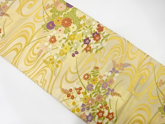 アンティーク　流水に色紙・秋草模様織り出し袋帯（材料）